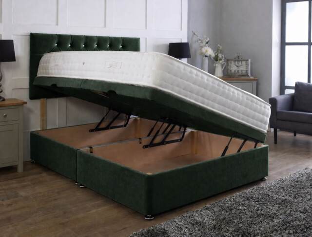 Side Lift 4ft6 Double Green Plush Ottoman Bed With Headboard and Mattress