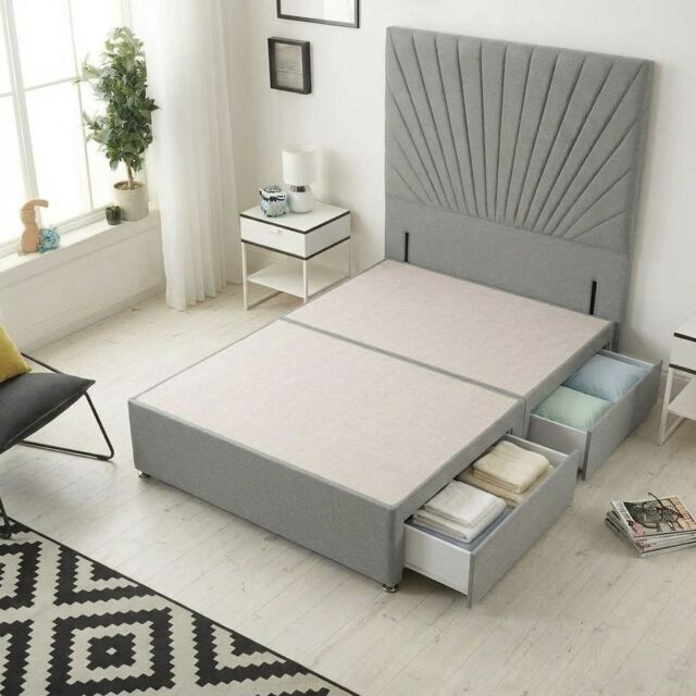 Sunburst Divan Bed with 2 Drawers & 54'' Floor Standing Headboard Linen Fabric Silver Silver