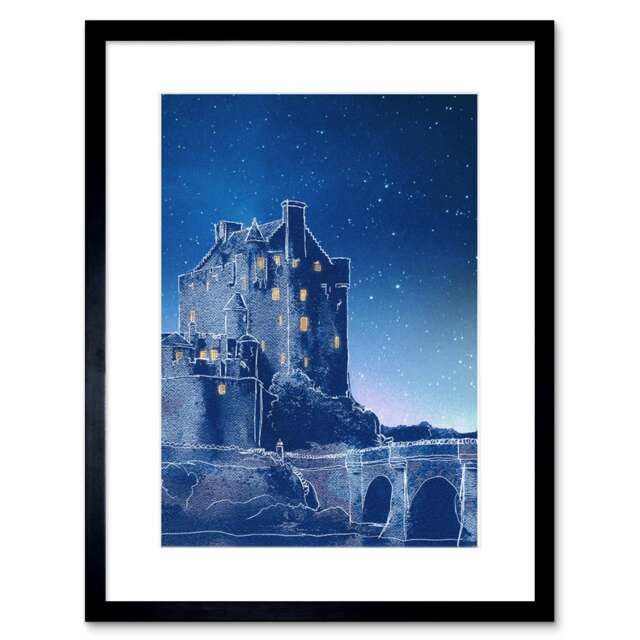 "Scotland Eilean Donan Castle Night Modern 9x7"" Black Framed Wall Art Print"