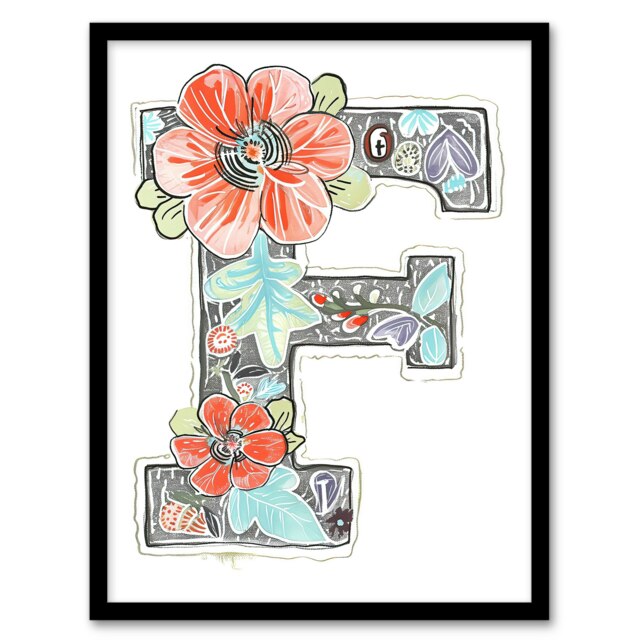 Letter F Flowers Floral Birthday Gift Mum Black Framed Wall Art Print A4