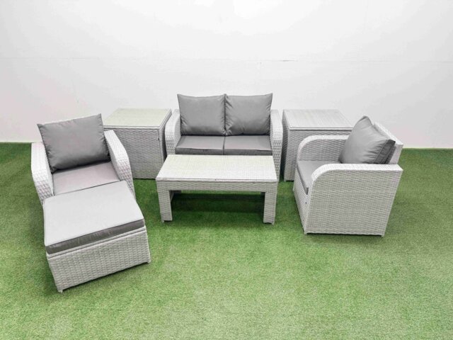 Fimous Light Grey PE Wicker Rattan Garden Furniture Set Sofa Set Reclining Adjustable Chair Oblong Coffee Table 5 Seater With Footstool 2 Side Table