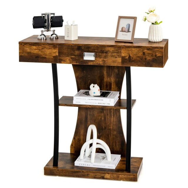 COSTWAY T-Shaped Console Table With Display Shelves Brown Brown