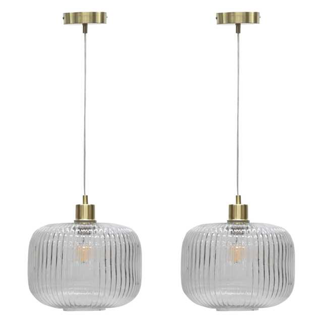 Set of 2 Batley Large - Clear Ribbed Glass with Satin Brass Pendants Clear Clear ribbed glass with satin brass plate detail Small 2