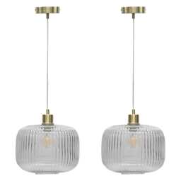 Set of 2 Batley Large - Clear Ribbed Glass with Satin Brass Pendants Clear Clear ribbed glass with satin brass plate detail Small 2