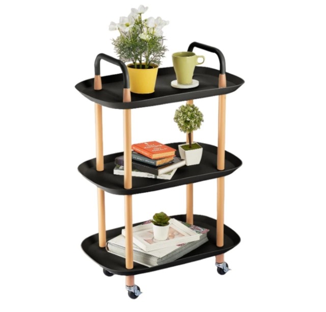 3 Tier Beech Wood & Plastic Serving Storage Trolley Food Drinks Cart on Wheels Black Black 3 Tier 1