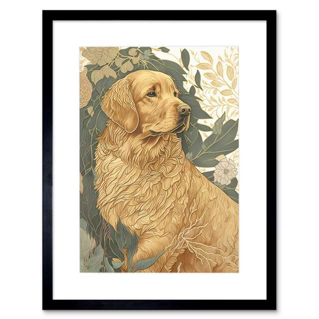 "Golden Retriever Dog Nature Soft Pastel Colour 9x7"" Black Framed Wall Art Print"