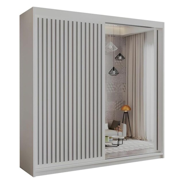 Sliding Wardrobes 4U Modern Vertical Panelled Mirror Sliding Wardrobe – 150cm to 250cm, White, Black, Grey, Oak White White 203cm