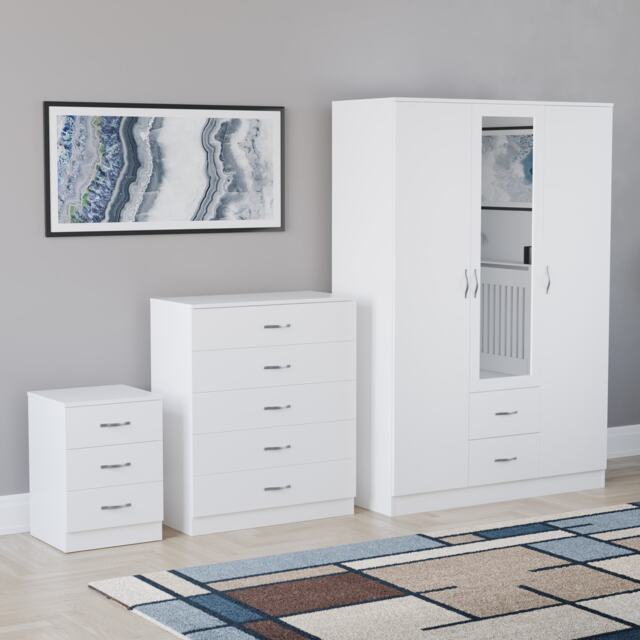 Vida Designs Riano 3 Piece Bedroom Set (3 Drawer Bedside Chest, 5 Drawer Chest, 3 Door 2 Drawer Mirrored Wardrobe) - White
