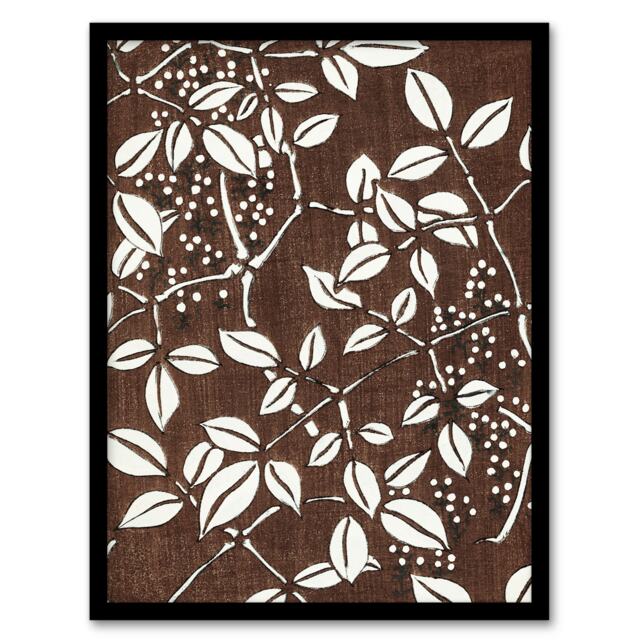 "Tree Branch Leaf Pattern Retro Japan Framed Wall Art Print Bijutsukai 12x16"""