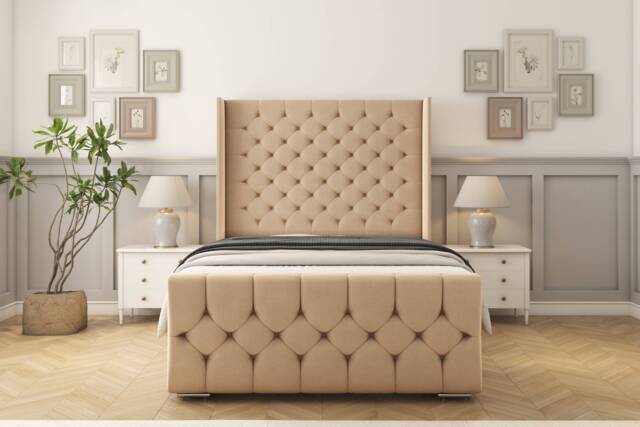"Sloomy Luthor Pebble Plush Bed Frame With 50"" Upholstered Wingback Headboard 2'6 Small Single"
