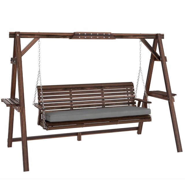 Outsunny 3 Seater Wooden Garden Swing Seat Chair with Side Trays and Cushion Brown Carbonised Brown L