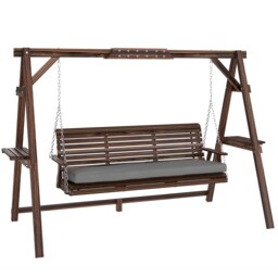 Outsunny 3 Seater Wooden Garden Swing Seat Chair with Side Trays and Cushion Brown Carbonised Brown L
