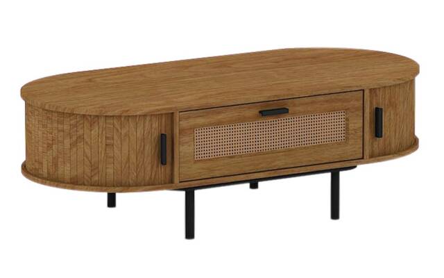 Coffee Table Front Rattan Drawer with Metal Legs - MFC - MDF - L55 x W120 x H40 cm - Light Oak Brown