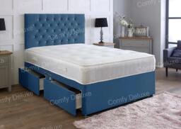 5ft King Blue Plush Velvet Divan Bed With Headboard & Memory Sprung Mattress No Drawers