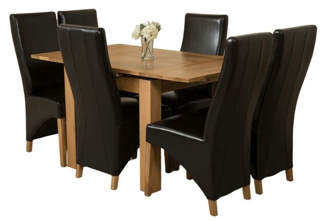 Richmond 90-150cm Square Oak Extending Dining Table & 6 Lola Leather Chairs Black Black