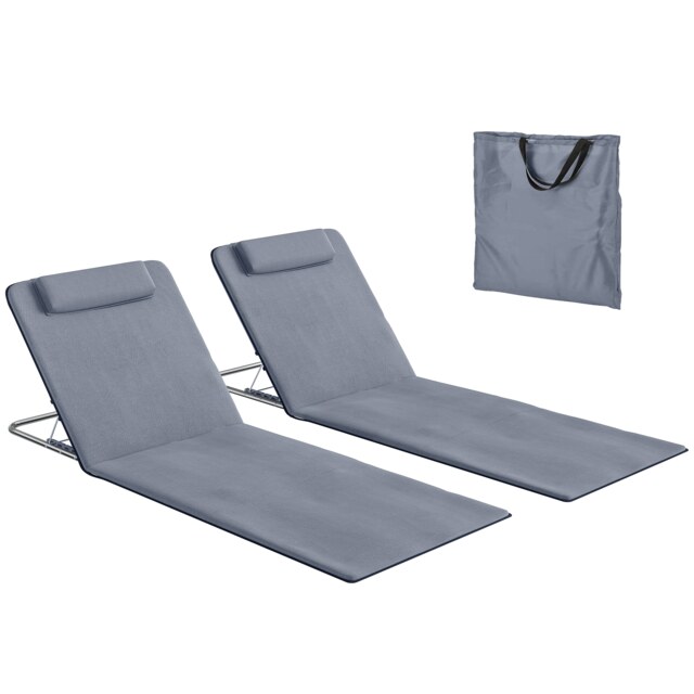 Outsunny 2 Pieces Outdoor Beach Mat Steel Reclining Chair Set w/ Pillow Grey Grey Grey L