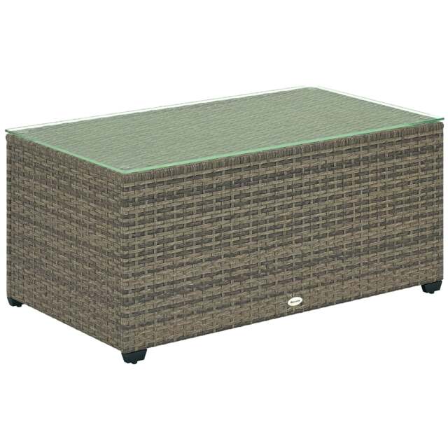 Outsunny Outdoor Coffee Table, Glass Top Rattan Side Table Grey Dark Grey