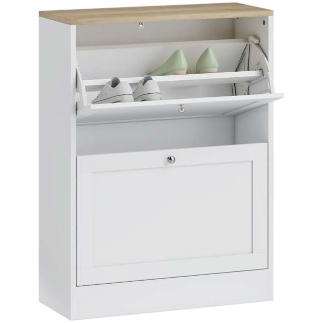 HOMCOM 2 Flip Drawer Narrow Shoe Cabinet with Adjustable Shelves, White White White