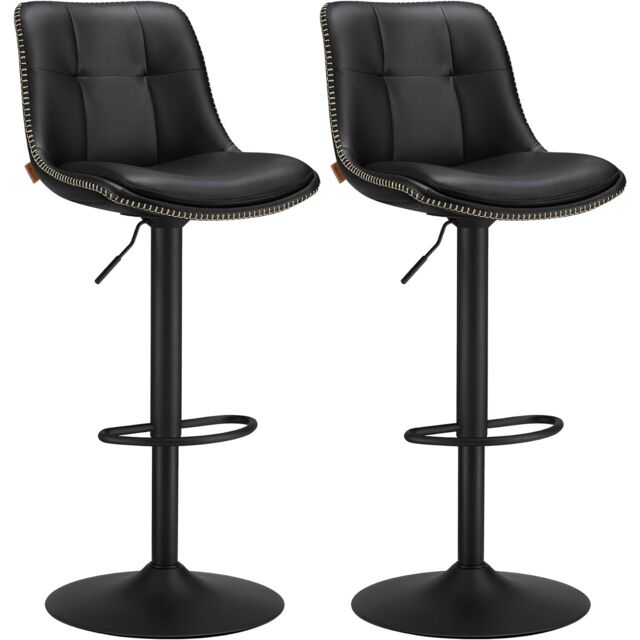 Set of 2 Adjustable Bar Stools with Quilted Leather, Swivel Design, Ink Black
