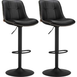 Set of 2 Adjustable Bar Stools with Quilted Leather, Swivel Design, Ink Black