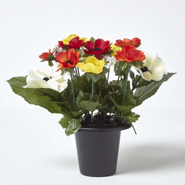 Homescapes Orange and Red Anemone Artificial Flower Arrangement in Grave Vase