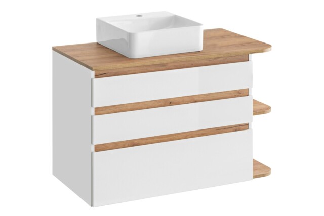 Wall Hung Vanity Sink Unit with Basin Countertop Bathroom Drawer Cabinet 940mm White Gloss Oak Finish Scandi Plat