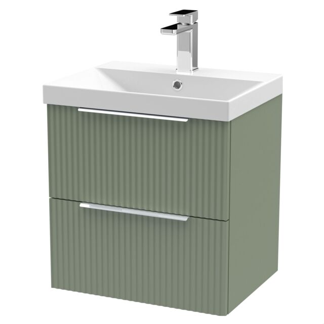 Balterley Tixall Fluted 2 Drawer Wall Hung Vanity Unit with Thin Edge Basin, Satin Green, 500mm