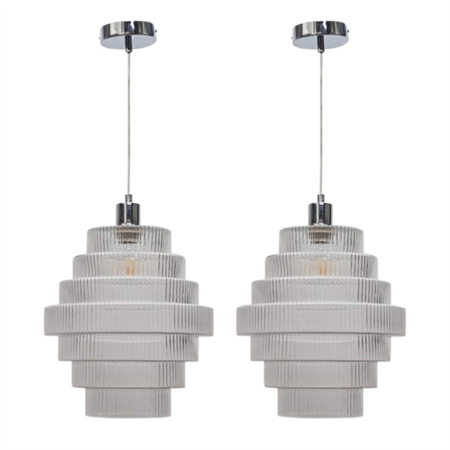 Set of 2 Benson - 7 Tier Large Glass & Chrome Ceiling Pendant Lights