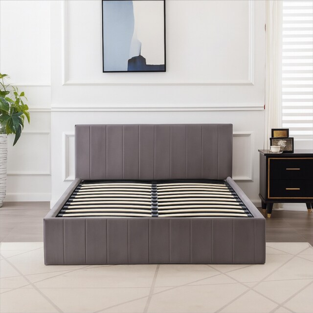 Ottoman Bed Gas Lift Storage Grey 4ft6 Double Line Pattern Velvet Bedroom