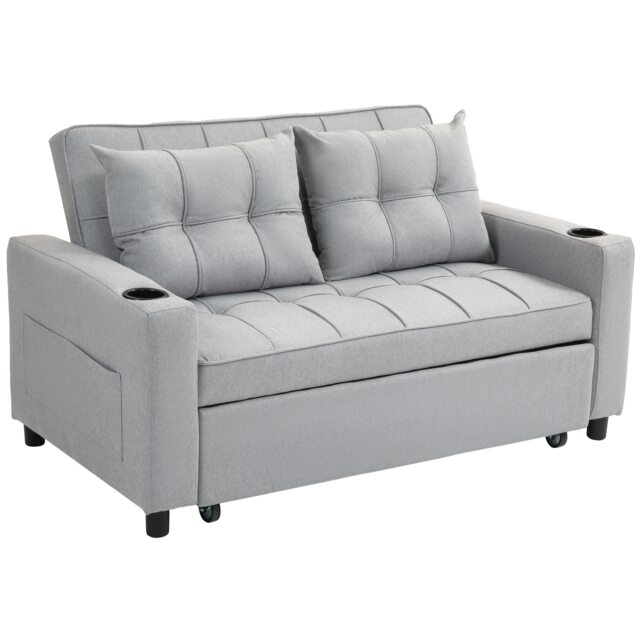 HOMCOM 2 Seater Sofa Bed, Linen Click Clack Sleeper Sofa with Pull Out Design, 2 Pillows, Cup Holders, Side Pockets, Convertible Loveseat Bed Settee for Living Room, 157x190cm, Light Grey Grey