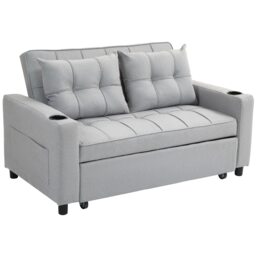 HOMCOM 2 Seater Sofa Bed, Linen Click Clack Sleeper Sofa with Pull Out Design, 2 Pillows, Cup Holders, Side Pockets, Convertible Loveseat Bed Settee for Living Room, 157x190cm, Light Grey Grey