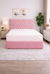 4FT Small Double Watermelon Pink Coniston Divan Bed Set with Headboard & Orthopedic Mattress 2 Drawers One Each Side