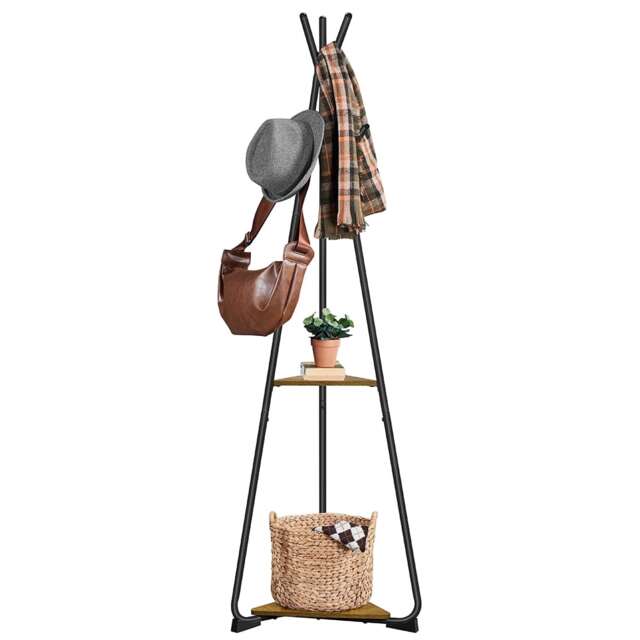 Yaheetech Industrial Freestanding Coat Rack with 2 Shelves and 6 Hooks Brown Rustic Brown One Size