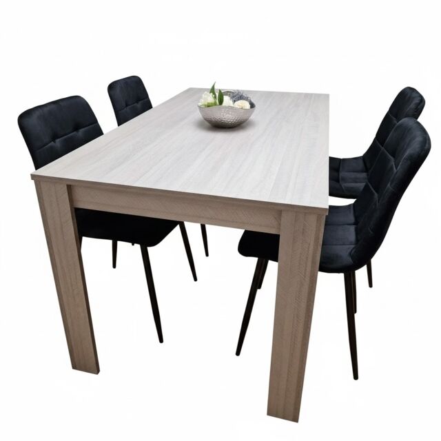 Grey Wooden Dining Table with 4 Black Velvet Chairs Dining Set Furniture