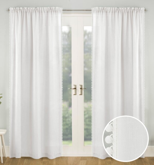 Pair of Tahiti White Pom-Pom Trim Linen Look Voile Panels with Rod Pocket Header 183 CMS