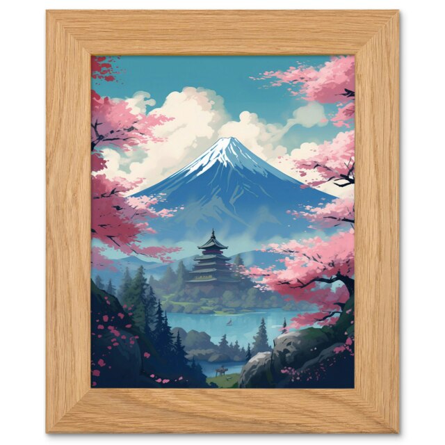 Japanese Temple Mount Fuji Lake Cherry Blossoms Art Oak Wood Framed Wall Print