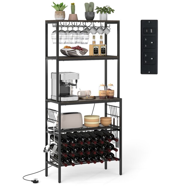 COSTWAY Wine Organizer Bar Multi-Tier Bakers Rack with Power Outlet-Grey