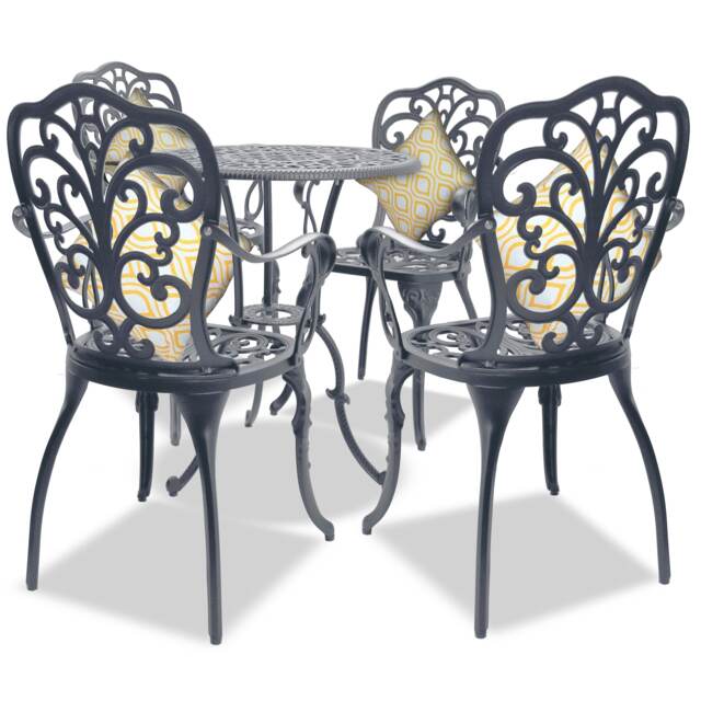 Centurion Supports BANGUI Grey Luxurious Garden and Patio Table and 4 Large Chairs with Armrests Cast Aluminium Bistro Set