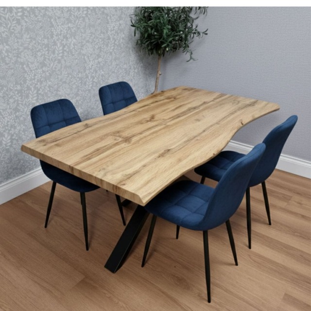 Modern Dining Table with 4 Blue velvet tuffted Chairs Kitchen Furniture