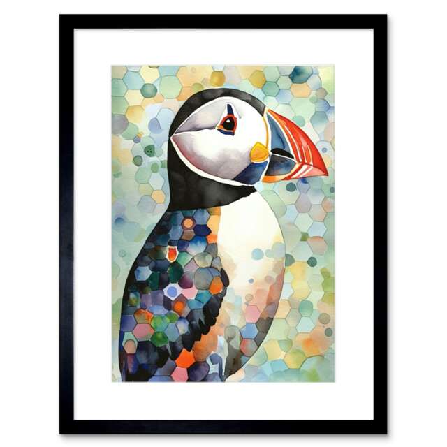 "Puffin Bird Portrait Pastel Colour Folk Art 9x7"" Black Framed Wall Art Print"