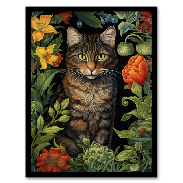 Herbaceous Henry Garden Tabby Cat Stylish Black Framed Wall Art Print A4