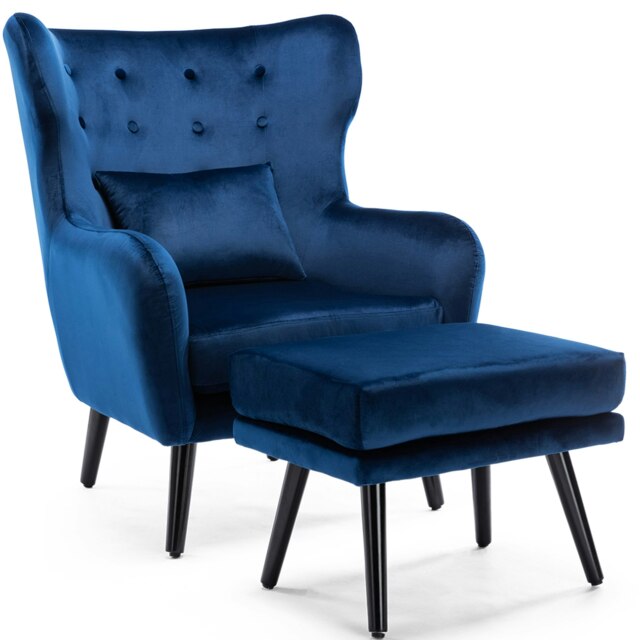 Winslow Wing Back Fabric Occasional Button Back Armchair w Footstool (Navy)