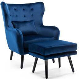 Winslow Wing Back Fabric Occasional Button Back Armchair w Footstool (Navy)