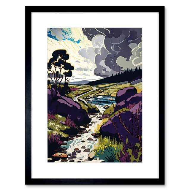 "Stormy Clouds over Stream Wild Scottish Landscape 9x7"" Black Framed Wall Art Print"