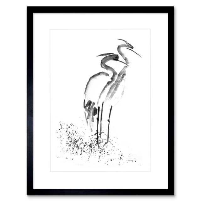 "Heron Black White Ink Animal Bird 9x7"" Black Framed Wall Art Print"