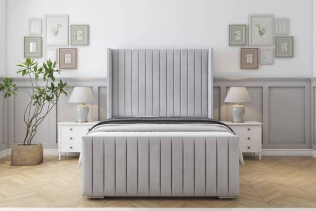 "Sloomy Marlborough Silver Naples Bed Frame With 50"" Upholstered Wingback Headboard 5' King"