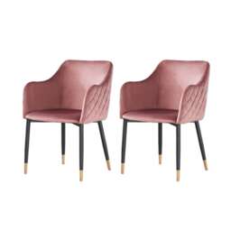 Set of 2 Verona Velvet Dining Chairs with Quilted Back & Black Legs - Modern Accent Chair with Silver Foot Tips Pink