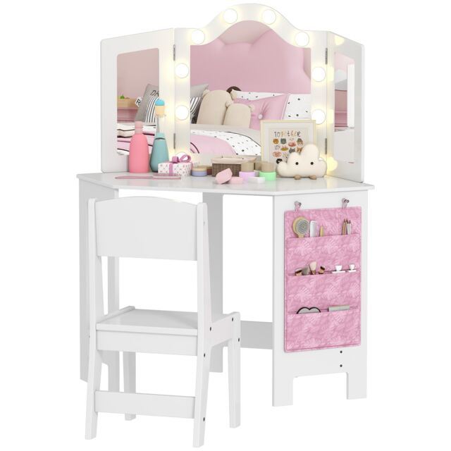AIYAPLAY Kids Vanity Table and Stool with Lights, Tri-Folding Mirror, White