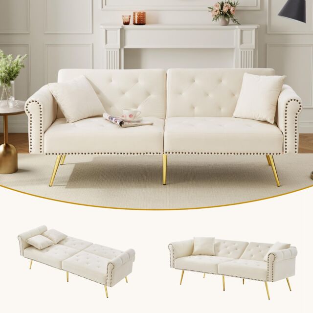 VILUXE 177cm 2 Seater Velvet Sofa Bed with Independent 3-Position Backrests, 150 x 87cm Sleeping Area, Gold-Tone Legs and 2 Cushions, White