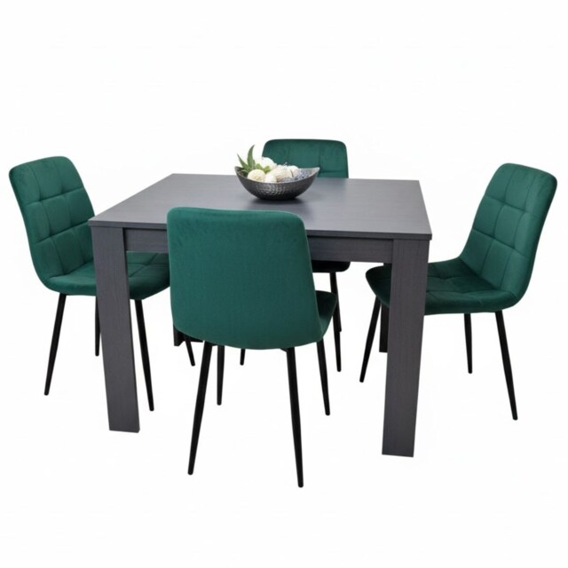 Dark Grey Dining Table with 4 Green Velvet Chairs Modern Kitchen Dining Set